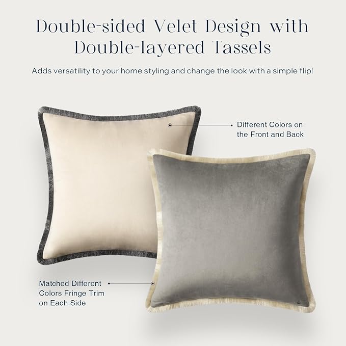 Phantoscope Pack of 2 Velvet Decorative Throw Pillow Covers, Double-Sided Tassel Trimmed Design, Soft Luxury Velvet Pillows Square Cushion Case for Couch Sofa Bed, Grey, 18 x 18 inches 45 x 45 cm