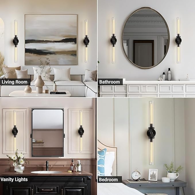 Brass Wall Sconces Set of 2, Bathroom Sconces Wall Light, Black Sconces Lighting with Clear Lamp,Wall Mount Lamps Wall Lights for Vanity Light Bedroom Living Room Hallway