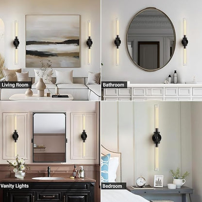 Brass Wall Sconces Set of 2, Bathroom Sconces Wall Light, Black Sconces Lighting with Clear Lamp,Wall Mount Lamps Wall Lights for Vanity Light Bedroom Living Room Hallway