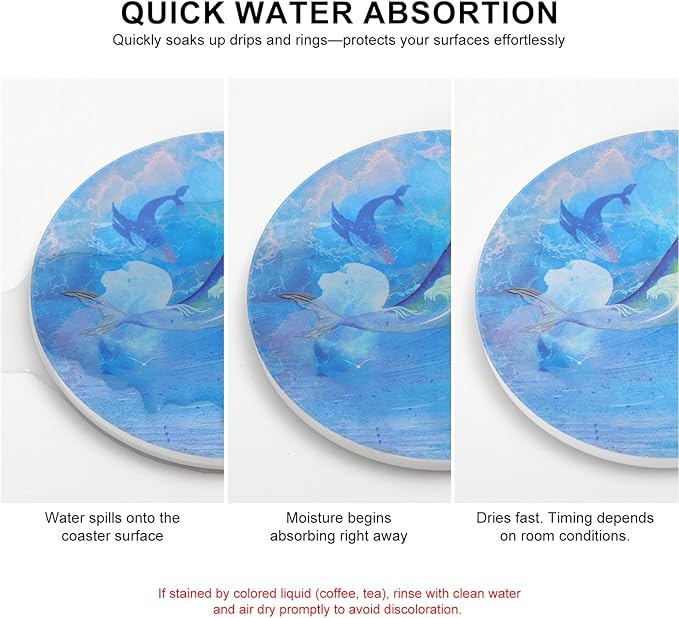 Ceramic Coasters Set of 6 with Holder, Whimsical Nature Style, Absorbent Drink Coaster Set for Home Decor, Cups, Mugs and Glasses