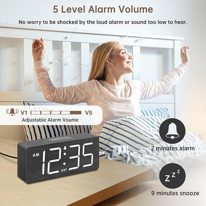 DreamSky Wooden Digital Alarm Clock for Bedroom - Loud Alarm Clock for Heavy Sleepers with Volume Control, Desk Clocks for Living Room with Large Numbers, Dimmer, DST, Wood Decor (Plug in Clock)