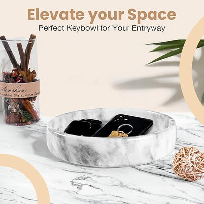 Marble Decorative Bowl - 7.5" White/Grey Solid Marble Centerpiece - Handmade Stone Fruit Bowl - Catch-All or Key Bowl for Kitchen - Modern Minimalist Decor