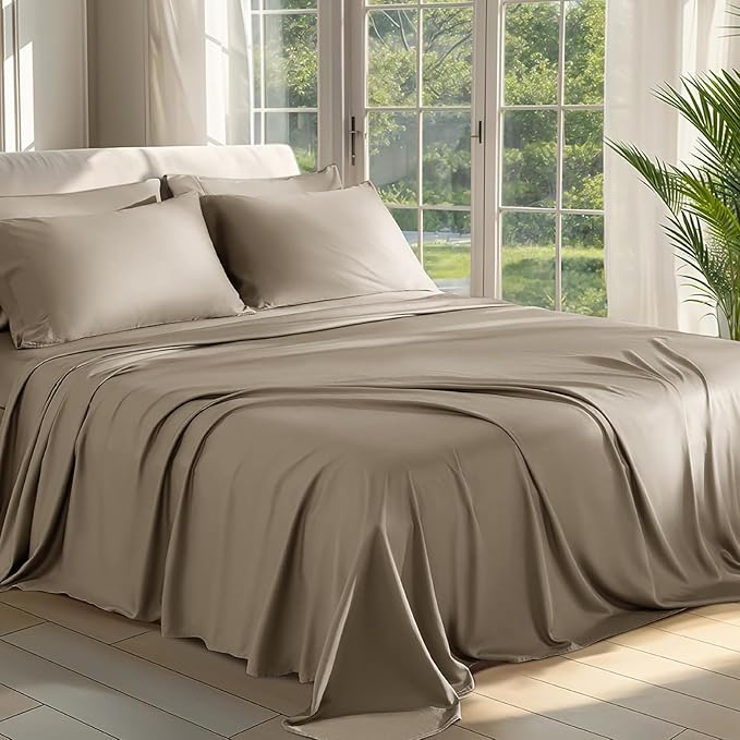 Shilucheng 100% Viscose Derived from Bamboo_ Sheets Queen Size 6pcs - Ultra Cooling & Silky Soft Bed Sheets, 16" Deep Pocket, Perfect for Hot Sleepers, Hotel Bedding Sheets (Simply Taupe)
