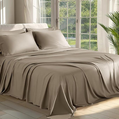 Shilucheng 100% Viscose Derived from Bamboo_ Sheets Queen Size 6pcs - Ultra Cooling & Silky Soft Bed Sheets, 16" Deep Pocket, Perfect for Hot Sleepers, Hotel Bedding Sheets (Simply Taupe)