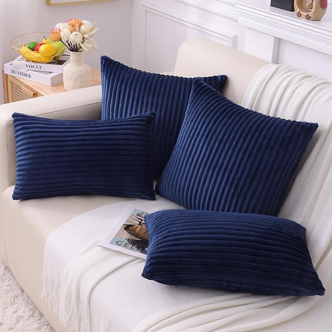 Simmore Decorative Spring Throw Pillow Covers 18x18 Set of 2, Soft Natural Plush Flannel Double-Sided Fluffy Couch Pillow Covers for Sofa Living Room, Navy Blue