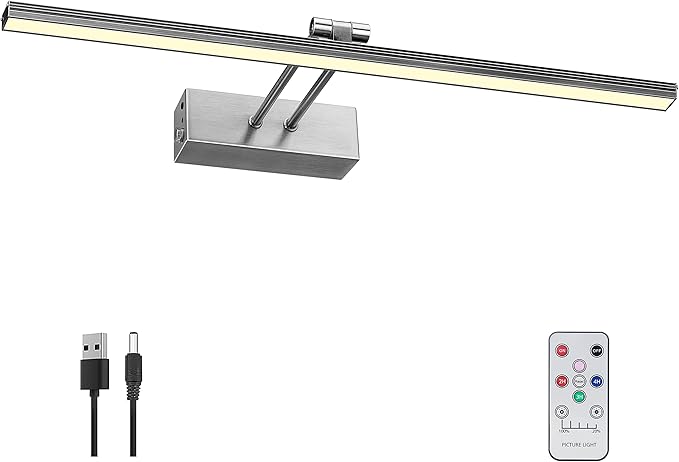 FUNCHDAY Picture Light,Battery Art Lights for Wall,Wireless Remote Painting Light with Timer and Dimmable,16”Metal Display Lighting for Artwork,Portrait,Gallery (Brushed Black)