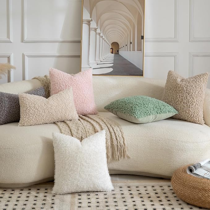 Yaertun Pack of 2 Faux Fur Throw Pillow Covers Decorative Sherpa Boucle Pillow Covers Fuzzy Soft Pillowcases Sheepskin Fleece Cushion Case for Couch Sofa Bed Living Room 20x20 Inch Cream White