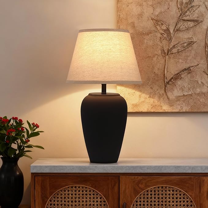 Ceramic Pot Table Lamp 21.25 inch Compact Frosted Nightstand Lamp, Tapered Fabric Shade Bedside, Ceramic Decorative for Living Room Bedroom House Office Entryway, TL3