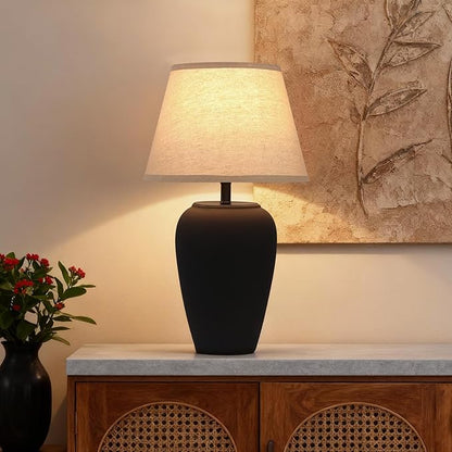 Ceramic Pot Table Lamp 21.25 inch Compact Frosted Nightstand Lamp, Tapered Fabric Shade Bedside, Ceramic Decorative for Living Room Bedroom House Office Entryway, TL3