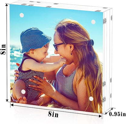HELPLEX 2 Pack 8x8 Acrylic Picture Frames, 24mm Thicker Square Frameless Clear Frame Double Sided Magnetic Frame, Free Standing Desktop Display Stand Acrylic Frames