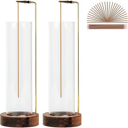 Incense Holder for Sticks, Anti-Ash Flying Incense Burner with 30 Incense Sticks, Detachable Glass Ash Catcher (Wood, Brown-2Pcs)