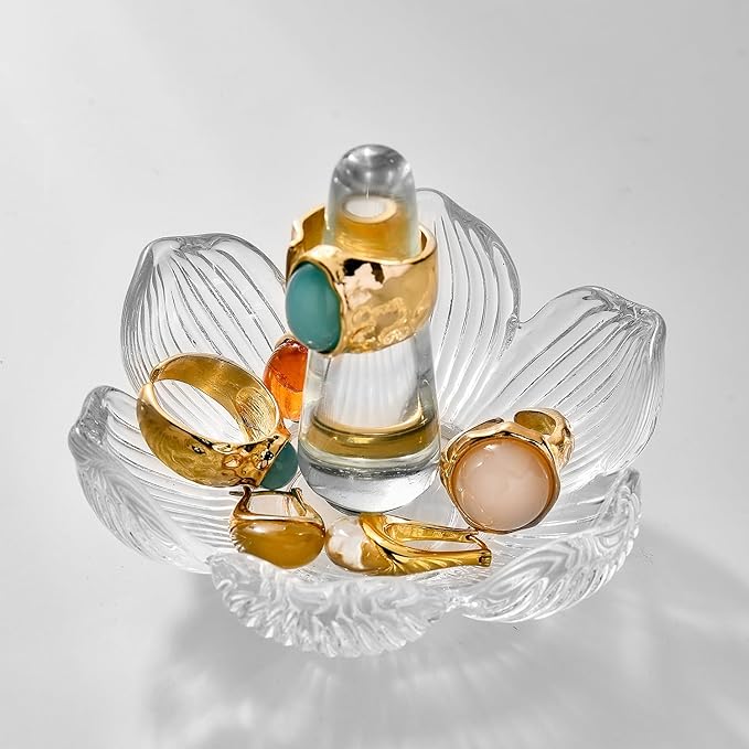 Crystal Ring Holder Decorative Jewelry Tray Valentine Engagement Wedding Birthday Gifts for Women (Flower)