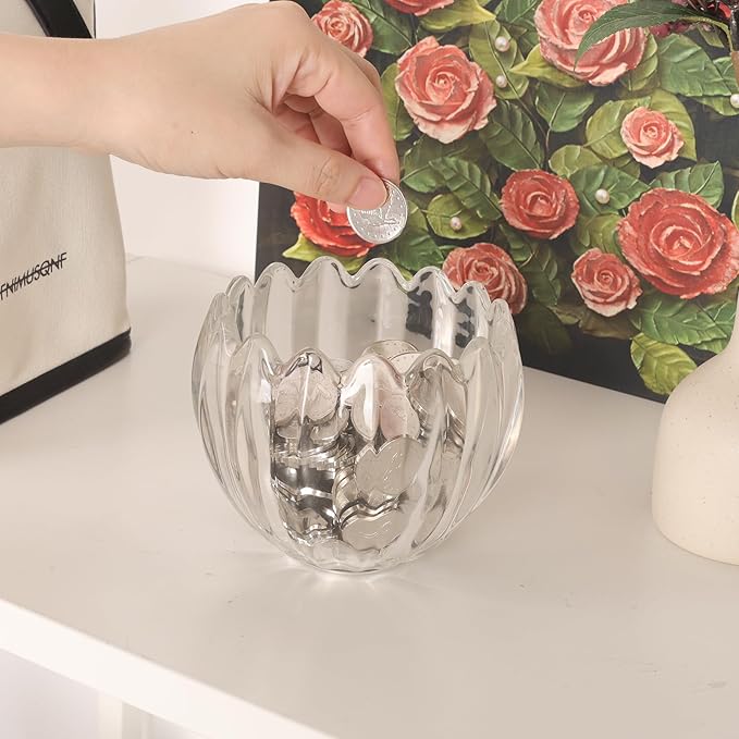 Tulip Storage Container, Jewelry Catchall Bowl, Ring Holder Jewlery Tray Trinket Dish, 5" Dia. * 4.25" H, Clear Glass, Thick and Exquisite, 2 Pack
