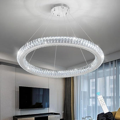 Modern Ring Chandelier LED Dimmable Living Room Chanderliers Entryway High Ceiling Crystal Ring Pendant Lights for Dining Room Bedroom Silver Interior Light