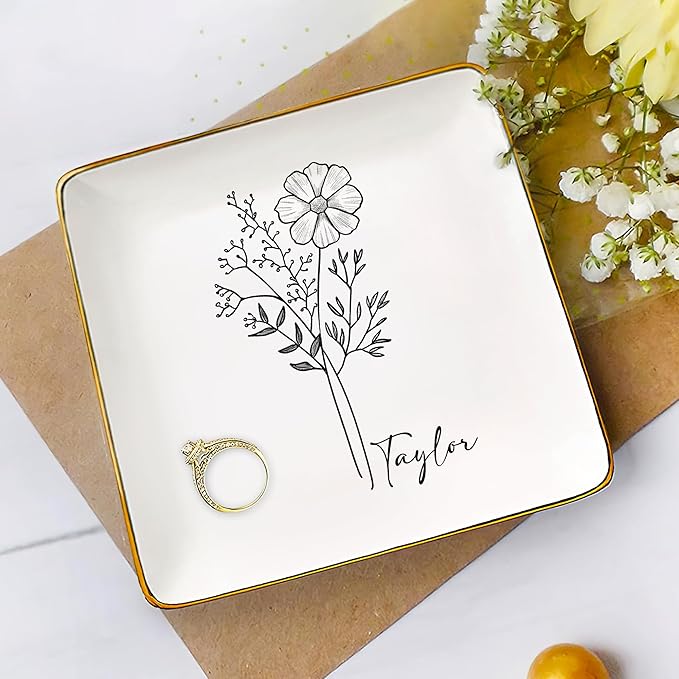 Gossby Personalized Jewelry Tray - Gift for Women, Mom, Friend with Birth Month Flower, Name - Ceramic Trinket Tray, Dish, Plate for Ring, Earring, Bracelet - Gift Mothers Day, Birthday, Christmas V4