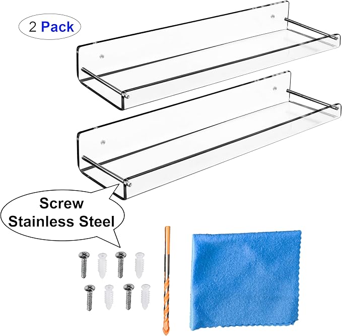 AMT 2 Pack Acrylic Bathroom Shelves 15 Inch Clear Floating Wall Mounted Storage Bookshelf, Invisible Display for Office, Bedroom, Small Gap for Water to Escape, Free Screws & Drill Bit (Medium)