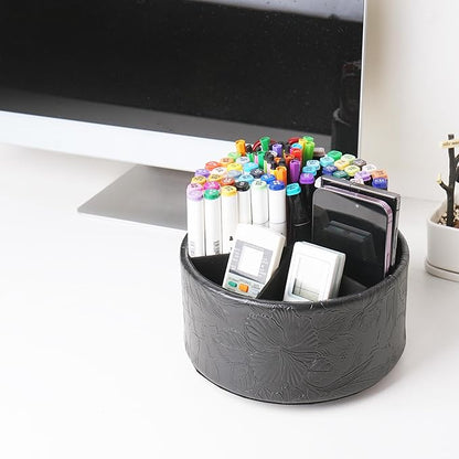 lizimandu Remote Control Holder, 360°Spinning PU Leather Desk TV Remote Caddy,Desk Storage Box Room Accessories for Controller, Media,Mail,Calculator, Mobile Phone,Pencil(1B-Carved Black)