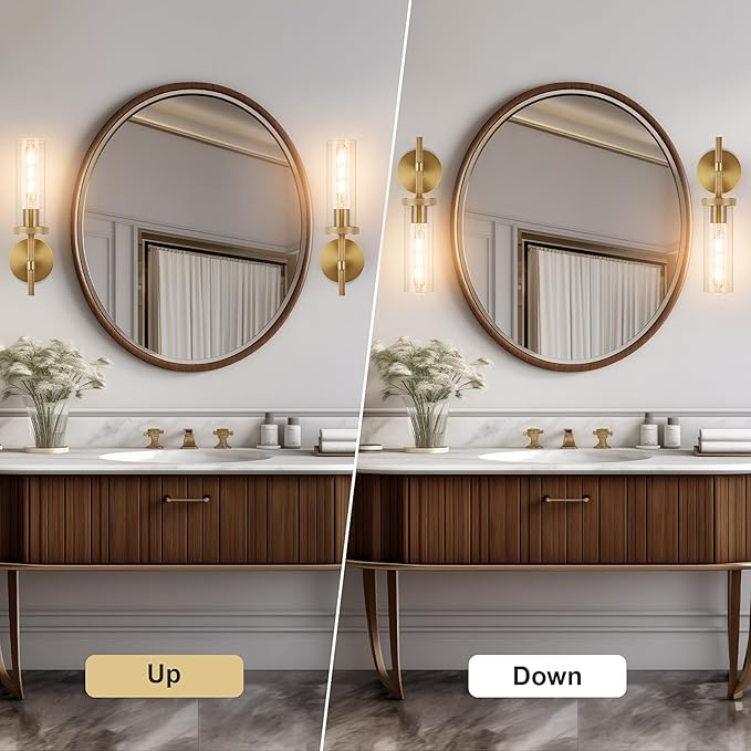 15" Knurled Brass Wall Sconces Set of 2, Gold Bathroom Vanity Light Fixtures with Clear Glass Tube, Modern Lamp Lighting for Bedroom, Living Room, Hallway, Staircase, Mirror, Kitchen
