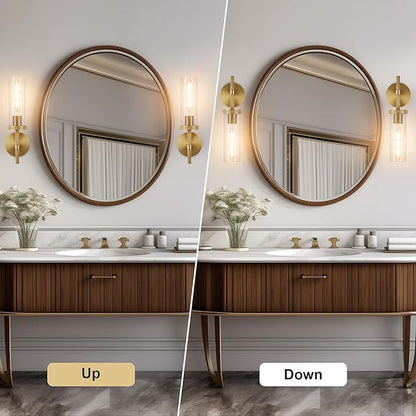 15" Knurled Brass Wall Sconces Set of 2, Gold Bathroom Vanity Light Fixtures with Clear Glass Tube, Modern Lamp Lighting for Bedroom, Living Room, Hallway, Staircase, Mirror, Kitchen