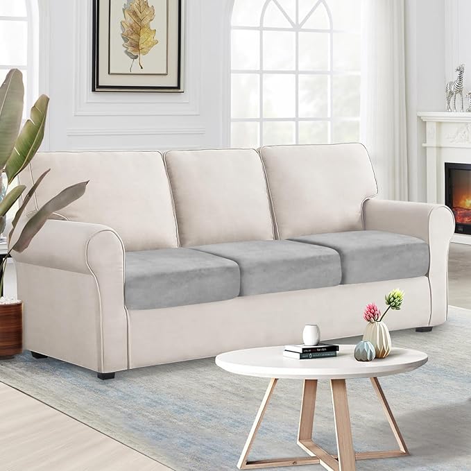 NAISI Couch Cushion Covers 3 Pieces Velvet Stretch Sofa Seat Covers or Backrest Covers Soft Individual Couch Covers for Sectional Sofa(3 Pcs for 3-Seat Cushion,Light Grey)