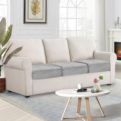 NAISI Couch Cushion Covers 3 Pieces Velvet Stretch Sofa Seat Covers or Backrest Covers Soft Individual Couch Covers for Sectional Sofa(3 Pcs for 3-Seat Cushion,Light Grey)