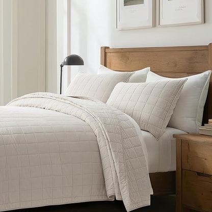 EVERGRACEHOME 100% Cotton Box Stitch Quilt Bedding Set King Size 3 Pieces, Garment-Washed Lightweight Soft Cozy Coverlet, Oversized Quilted Bedspread Sets with 2 Shams for All Season, Birch