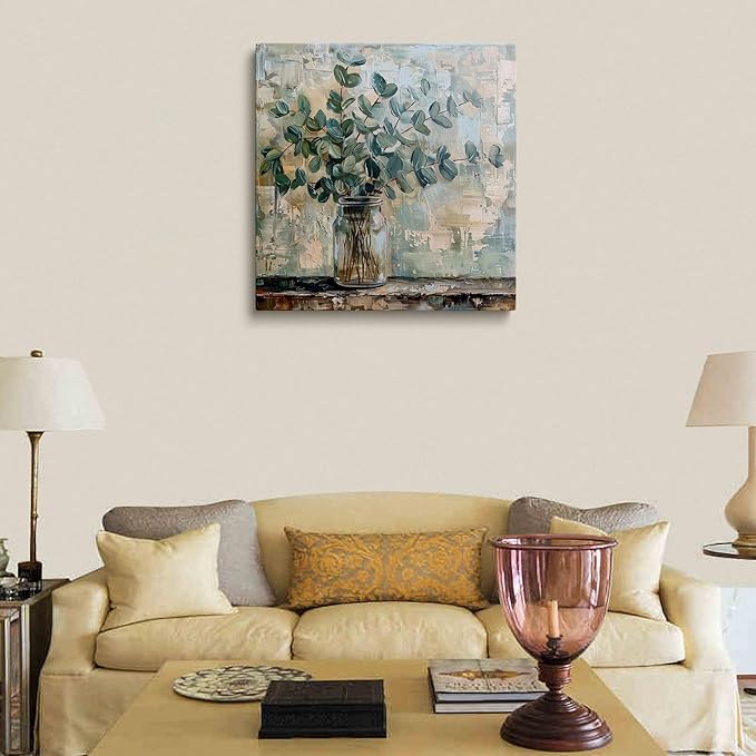 Eucalyptus Botanical Vase Wall Art Canvas Print Abstract Farmhouse Painting Rustic Modern Home Wall Decor for Living Room Bedroom Office Soft Green Leaves Still Life Artwork Canvas 14x14 Inches