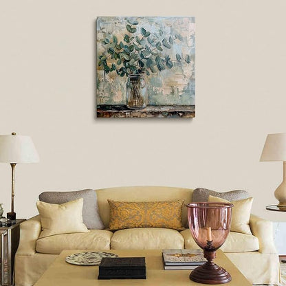 Eucalyptus Botanical Vase Wall Art Canvas Print Abstract Farmhouse Painting Rustic Modern Home Wall Decor for Living Room Bedroom Office Soft Green Leaves Still Life Artwork Canvas 14x14 Inches