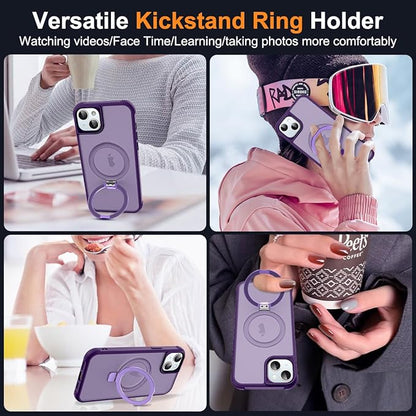 Compatible with iPhone 15 Plus Case with Invisible Magnetic O-Ring Stand Military-Grade Translucent Case for iPhone 15 Plus 6.7" [Compatible with Mag-Safe][Great Grip Feeling], Purple