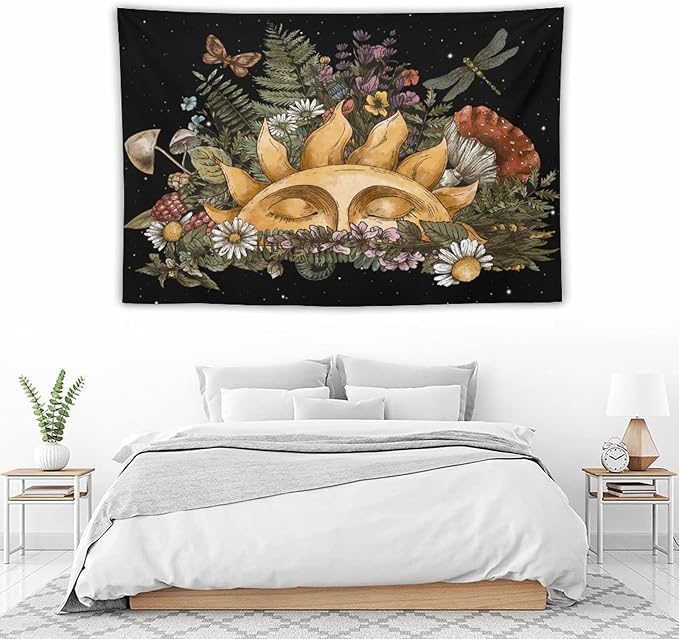 Vintage Sun Tapestry,Boho Hippie Mushroom Starry Floral Forest Plant Tapestries Wall Hanging for Dorm Living Room Bedroom Home Decor(40"x60")