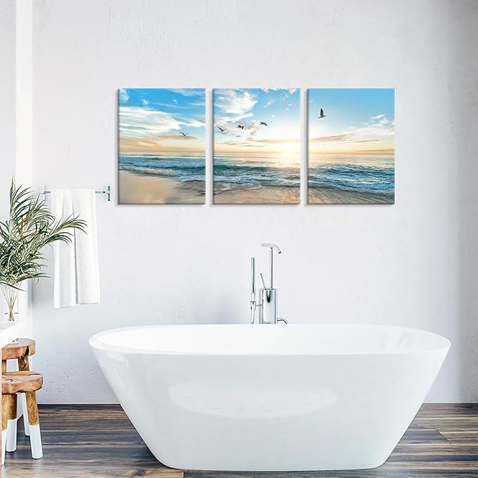 Goldfoilart Ocean Beach Sunset Canvas Wall Art for Bathroom Seascape Seagull Paintings Coastal Picture Framed Artwork for Bedroom Living Room Office Wall Decor 12 x 16Inch x 3pcs