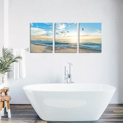 Goldfoilart Ocean Beach Sunset Canvas Wall Art for Bathroom Seascape Seagull Paintings Coastal Picture Framed Artwork for Bedroom Living Room Office Wall Decor 12 x 16Inch x 3pcs