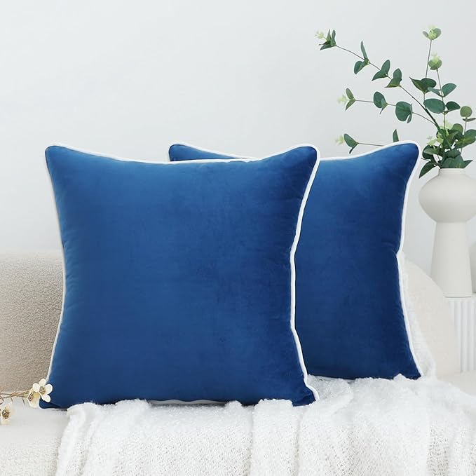 LIGICKY Set of 2 Navy Blue Velvet Throw Pillow Covers Modern Minimalist Style Solid Decorative White Rope Edging Soft Square Cushion Cases for Sofa Bedroom Party Décor, 18 x 18 inch