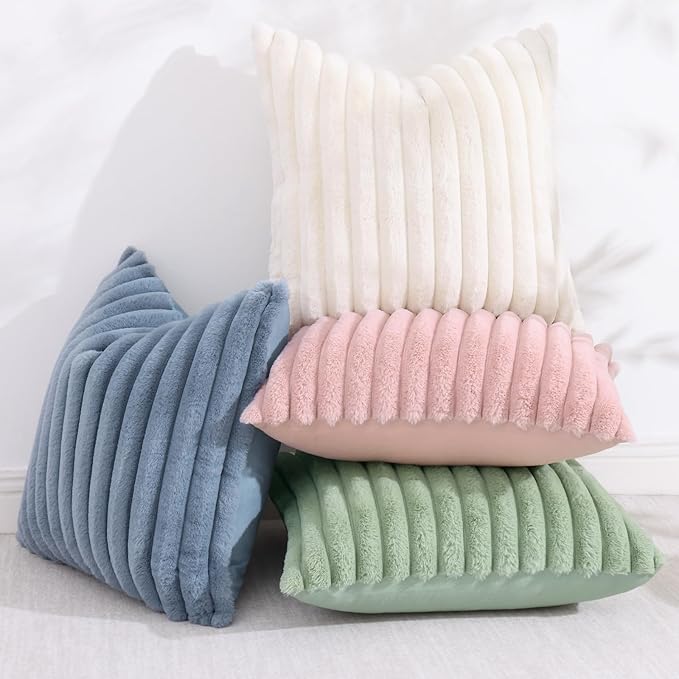decorUhome Faux Fur Spring Throw Pillow Covers 26x26 Set of 2, Decorative Soft Plush Striped Neutral Couch Euro Sham Pillow Covers with Velvet Back for Sofa, Bed, Living Room Home, Grey Blue