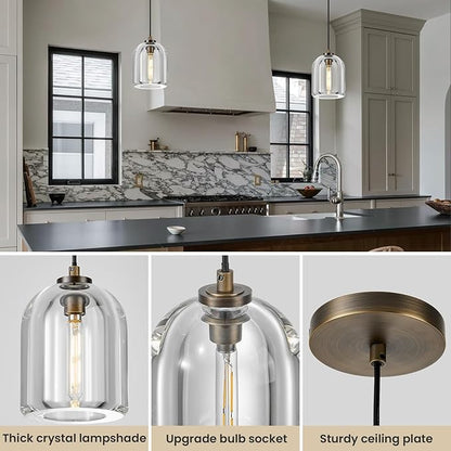 Crystal Aged Brass Pendant Light: 5.1" Dimmable Antique Copper Hanging Pendant Light Fixtures over Kitchen Island - Modern Luxury Cylinder Pendant Lighting for Bedroom Bathroom 3000k E12 Bulb Included