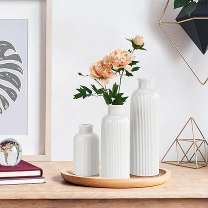 Small White Ceramic Vase Set of 3, Boho Modern White Flower Vase Room Decor, Farmhouse Decor, Vases for Your Kitchen, Bathroom, Bedroom, Living Room, Office&Shelf Centerpiece Table Decorations