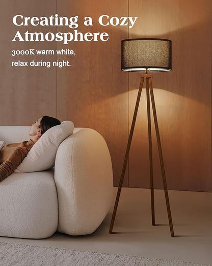 ELYONA Wood Tripod Floor Lamp Modern Standing Lamp with Black Drum Shade, Industrial Tall Reading Lamp for Office Living Room Bedroom, ETL Listed Walnut & Black, 3 Color Temperatures LED Bulb Include