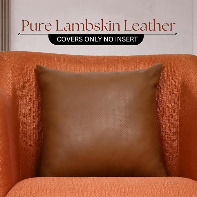 LL LEATHER LOVERS Genuine Lambskin Leather Pillow Cover, 16x16 Inch Case for Lumbar Throw Couch Pillows, Thick & Soft Cushion Covers for Sofa Bed Home Décor (Textured Tan Pack of 2)