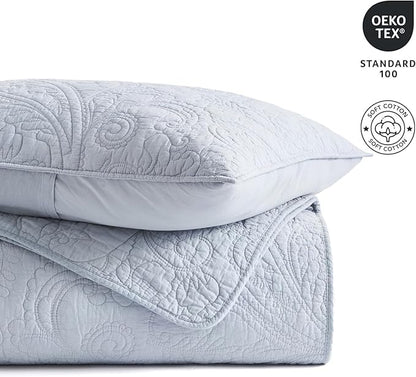 EVERGRACE 100% Cotton Paisley Quilt Set, Queen Size 3 Piece Set – Prewashed Lightweight Bedspread with 2 Shams, Soft & Breathable Matelasse Coverlet for All-Season Comfort, Pearl Blue