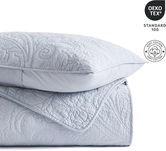 EVERGRACE 100% Cotton Paisley Quilt Set, King Size 3 Piece Set – Prewashed Lightweight Bedspread with 2 Shams, Soft & Breathable Matelasse Coverlet for All-Season Comfort, Pearl Blue