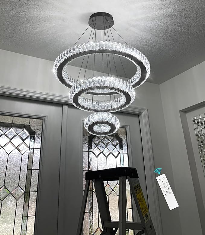 3 Rings LED Chandelier Modern Dimmable Dining Room Chanderliers Entryway Crystal Pendant Lights for Kitchen Bedroom Living Room Black Light