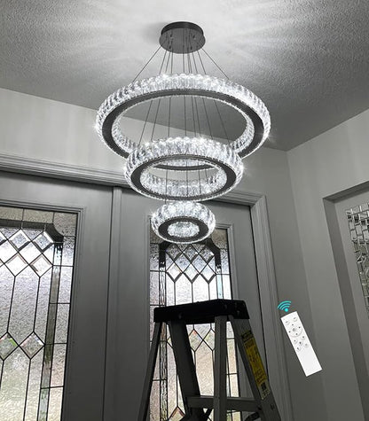 3 Rings LED Chandelier Modern Dimmable Dining Room Chanderliers Entryway Crystal Pendant Lights for Kitchen Bedroom Living Room Black Light