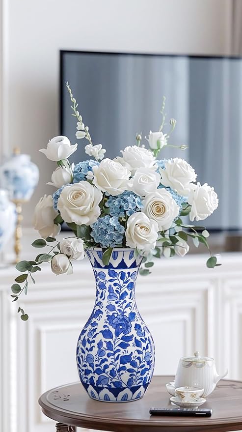 Blue and White Flower Vase, 11 Inch Tall Ceramic Vase in Wide Mouth Floral Pattern, Large Retro Chinoiserie Vase Decor Side Table Centerpiece Living Room Bookshelf, Antique Grand Millennial Decor