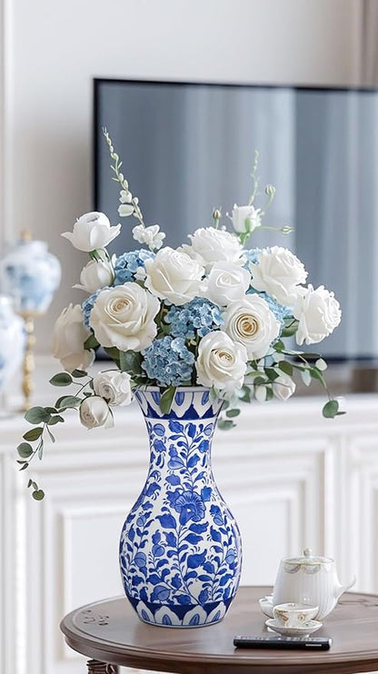 Blue and White Flower Vase, 11 Inch Tall Ceramic Vase in Wide Mouth Floral Pattern, Large Retro Chinoiserie Vase Decor Side Table Centerpiece Living Room Bookshelf, Antique Grand Millennial Decor