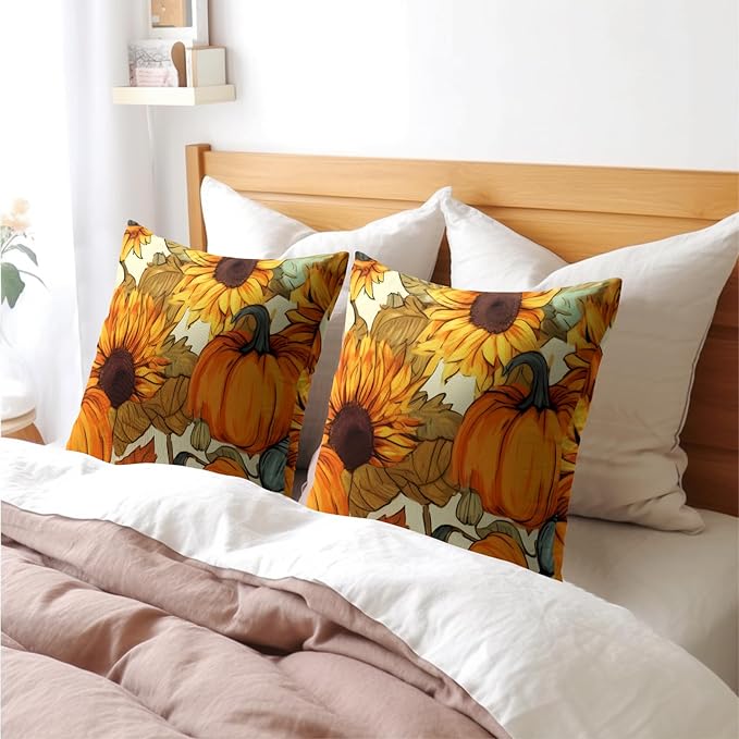 Pumpkin Fall Pillow Covers 16x16 Set of 2 Burnt Orange Autumn Thanksgiving Pillow Cases Sunflower Pattern Outdoor Decorative Holiday Cushion Cover Rustic Decoration Farmhouse Home Sofa Couch Bed Decor