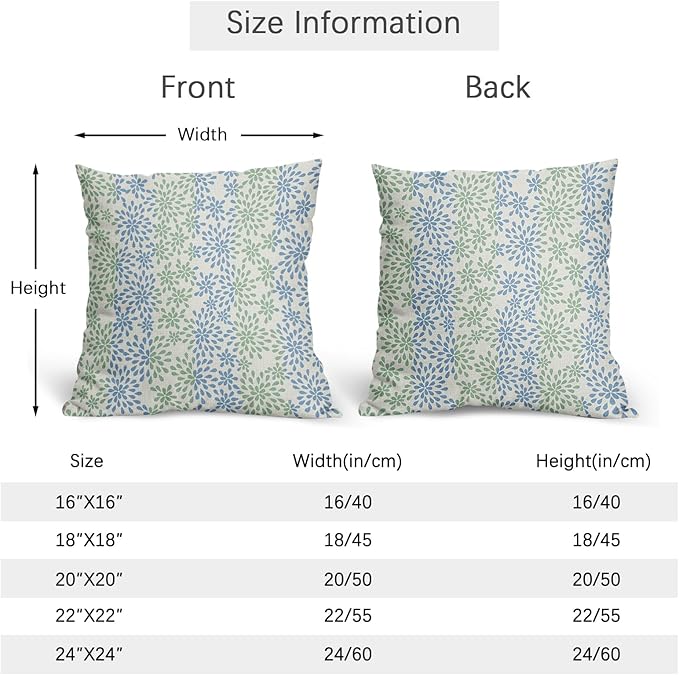 Blue Green Pillow Covers 22x22 Set of 2 Modern Geometry Dahlia Floral Print Pattern Outdoor Decorative Linen Zipper Throw Pillows Cases Cushion Cover Rustic Decoration Farmhouse Sofa Couch Bed Decor