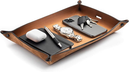 Main Street Forge Leather Valet Tray for Men – Rustic EDC Organizer for Keys, Phone & Wallet – Made in USA - Charred Oak