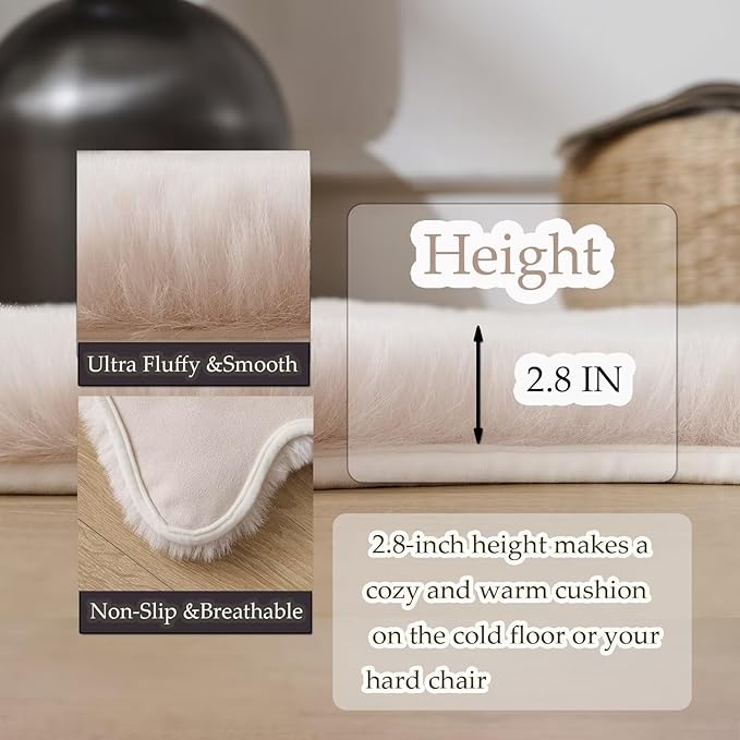 1700GSM Fuzzy Faux Sheepskin Fur Area Rug,Extra Soft Faux Fur Mat,Fluffy Shaggy Fur Rug for Bedroom Living Bedside Rug Room Decor-Ivory White, 2 x 6 ft