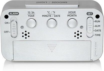 Westclox Alarm Clock with Large Digital Display and Blue Backlight on Demand, Westclox Alarm Clock, Month/Date and Temperature Display with Ascending 5 Minute Snooze Alarm, Silver