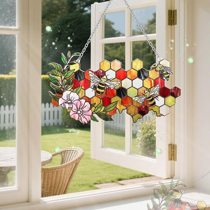 Stained Glass Suncatchers for Windows, Enlarged Stained Glass Window Hanging with Metal Chain, Garden Suncatchers for Home Decor, Garden, Patio, Gift for Nature and Bee Lovers